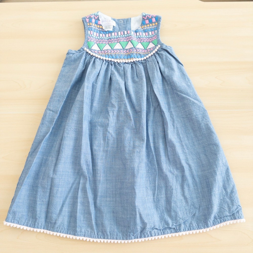 Iris & Ivy Girls Denim Dress Size 5 Blue Chambray Geometric Embroidered Pom Pom